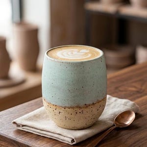 Könnte beinhalten: Ein Keramikbecher mit einem gesprenkelten hellblauen oberen Teil und einem gesprenkelten beigen unteren Teil, gefüllt mit einem Latte mit weißer Schaumkunst. Ein kleiner kupferfarbener Metalllöffel liegt auf einer gefalteten beigen Leinen-Serviette.