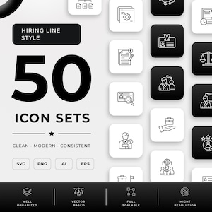 Op de afbeelding: Een grafisch ontwerp met de tekst "HIRING LINE STYLE" en "50 ICON SETS". Het ontwerp bevat pictogrammen en de woorden "CLEAN - MODERN - CONSISTENT" met bestandstype-opties: SVG, PNG, AI en EPS. Het onderste gedeelte bevat functies zoals "WELL ORGANIZED" en "HIGH RESOLUTION".