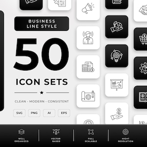 May include: A graphic featuring a collection of 50 business icon sets in a clean, modern style. The image includes icons for various business-related topics, with the text "BUSINESS LINE STYLE" and "ICON SETS". The image also lists file formats: SVG, PNG, AI, and EPS.
