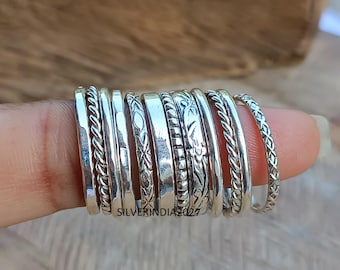 Sterling Silver Stacking Ring Set: Assorted Patterns, Thin Thick Bands, Statement Jewelry