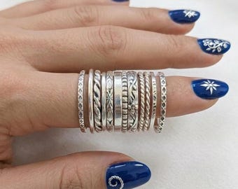 Sterling Silver Stacking Ring Set:  Assorted Patterns, Thin & Thick, Handmade Ring, Statement Jewelry,