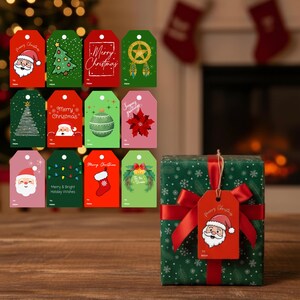 May include: A collection of Christmas gift tags in various colors, featuring festive designs like Santa Claus, Christmas trees, ornaments, and holiday greetings. A wrapped gift with a red ribbon and a matching tag is also shown.