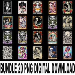 Puede incluir: Un conjunto de 20 imágenes de cartas de tarot digitales para descargar. Cada carta presenta una figura de esqueleto leyendo, rodeada de flores y diseños celestiales. El texto "THE READER" aparece en la mayoría de las cartas, con "BUNDLE 20 PNG DIGITAL DOWNLOAD" en la parte inferior.