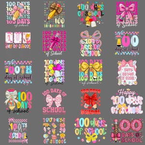Pode incluir: Uma coleção de designs gráficos coloridos celebrando o 100º dia de escola. Cada design apresenta lápis, laços e o texto "100 Days of School" em vários estilos. Os designs estão em um fundo cinza.