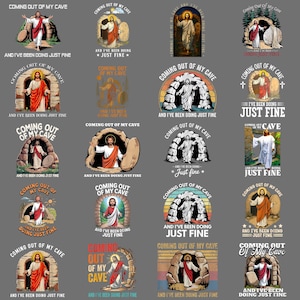 Puede incluir: Una colección de diseños gráficos que muestran a Jesucristo saliendo de una cueva. Cada diseño incluye el texto "COMING OUT OF MY CAVE" y "AND I'VE BEEN DOING JUST FINE" en varias fuentes y estilos. Las imágenes están sobre un fondo gris.