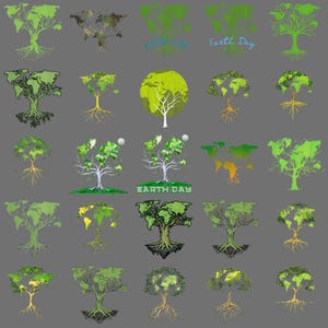 May include: A collection of tree illustrations with the continents of the world forming the tree's foliage. The trees are in various shades of green, yellow, and brown, with roots and trunks. Some images include the text "Earth Day".