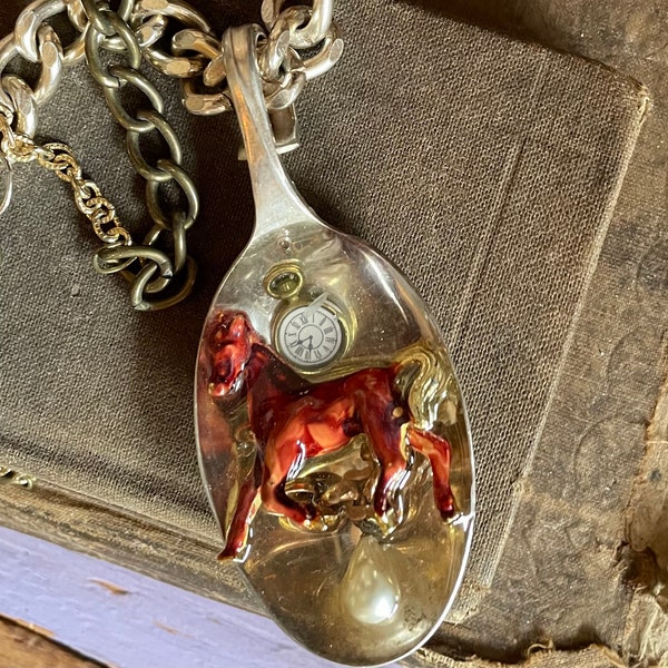 Vintage silverspoon necklace . Equestrian, bohochic, resin . Statement foundobject art jewelry.