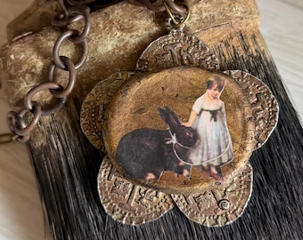 Assemblage, art , metal and clay necklace. Rustic , rocker , boho festival jewelry.