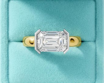 Emerald Cut Moissanite Solitaire Engagement Ring, Wide Band Minimal Ring, Elegant Women’s Proposal Anniversary Gift