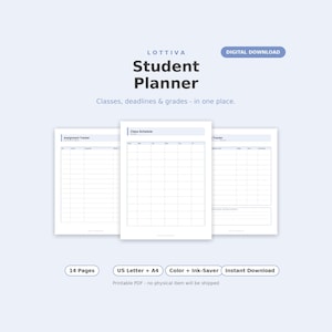 Student Planner Printable PDF | 14 Pages | US Letter and A4 | Assignment & Exam Tracker