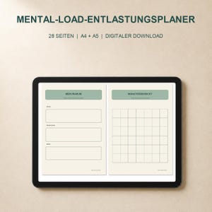 May include: A digital planner displayed on a tablet screen, featuring the text MENTAL-LOAD-ENTLASTUNGSPLANER, 28 SEITEN, A4 + A5, and DIGITALER DOWNLOAD. The planner pages show sections labelled MEIN WARUM and MONATSÜBERSICHT with blank fields.