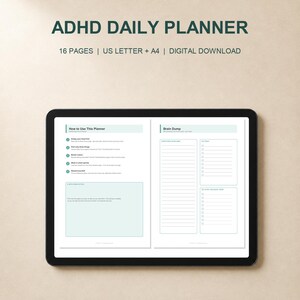 Könnte beinhalten: Ein digitaler ADHS-Tagesplaner auf einem Tablet-Bildschirm. Der Text lautet ADHD DAILY PLANNER, 16 PAGES, US LETTER + A4, DIGITAL DOWNLOAD. Die Planerseiten zeigen Abschnitte mit den Titeln How to Use This Planner und Brain Dump mit Checklisten.