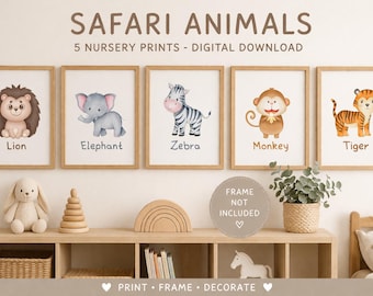 Safari Nursery Wall Art Set, Baby Animal Prints, Printable Nursery Decor, Jungle Animals Wall Art, Kids Room Decor, Digital Download