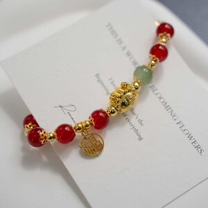 Handmade Red Agate Bracelet with Gold Plated Sheep & Fortune Charm, Chinese Style Jewelry image 8