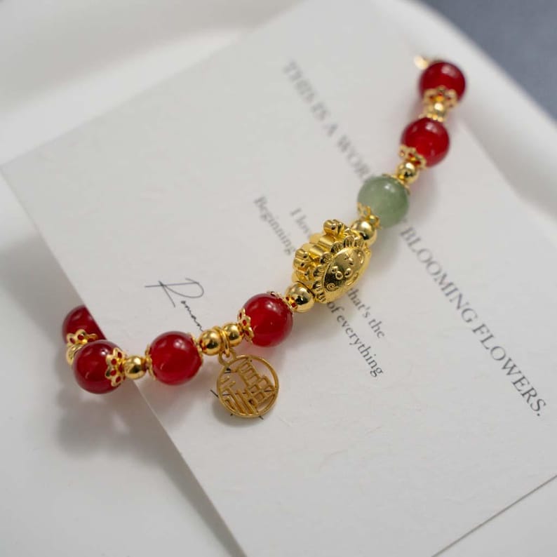 Handmade Red Agate Bracelet with Gold Plated Sheep & Fortune Charm, Chinese Style Jewelry image 8