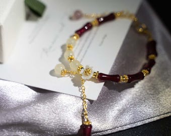 Handmade Bamboo Red Agate Bracelet, Gold Plated Chinese Style Bracelet, Gift for Her