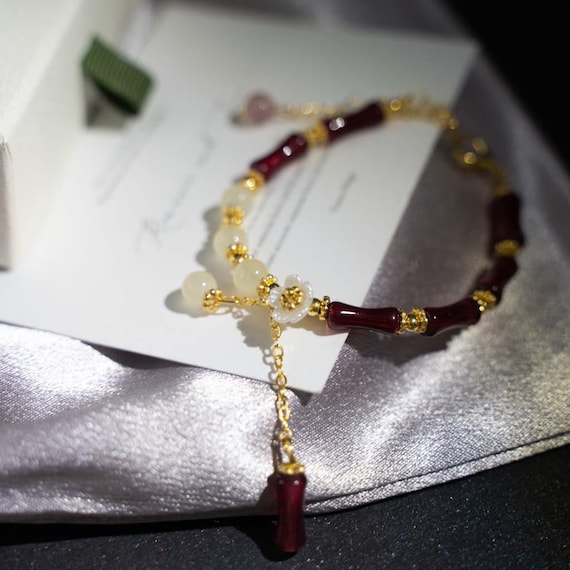 Handmade Bamboo Red Agate Bracelet, Gold Plated Chinese Style Bracelet, Gift for Her