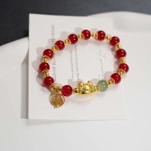 Handmade Red Agate Bracelet with Gold Plated Sheep & Fortune Charm, Chinese Style Jewelry image 11