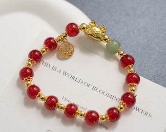 Handmade Red Agate Bracelet with Gold Plated Sheep & Fortune Charm, Chinese Style Jewelry