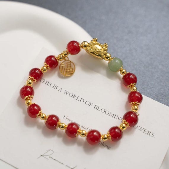 Handmade Red Agate Bracelet with Gold Plated Sheep & Fortune Charm, Chinese Style Jewelry