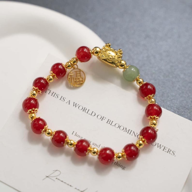 Handmade Red Agate Bracelet with Gold Plated Sheep & Fortune Charm, Chinese Style Jewelry image 1