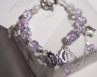 Handmade Purple Agate Bracelet, Silver Butterfly Charm, Y2K Style Jewelry