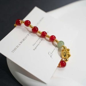 Handmade Red Agate Bracelet with Gold Plated Sheep & Fortune Charm, Chinese Style Jewelry image 10