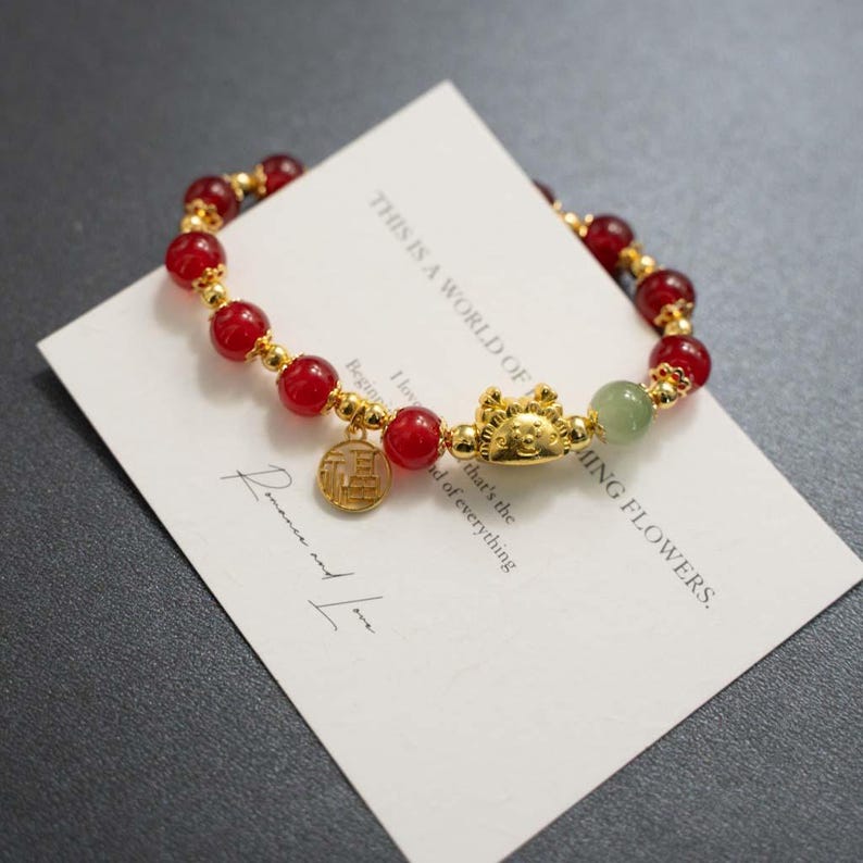 Handmade Red Agate Bracelet with Gold Plated Sheep & Fortune Charm, Chinese Style Jewelry image 7
