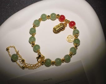 Green Red Agate Bracelet, Gold Plated Peanut Fu Charm, Chinese Feng Shui Wealth Bracelet