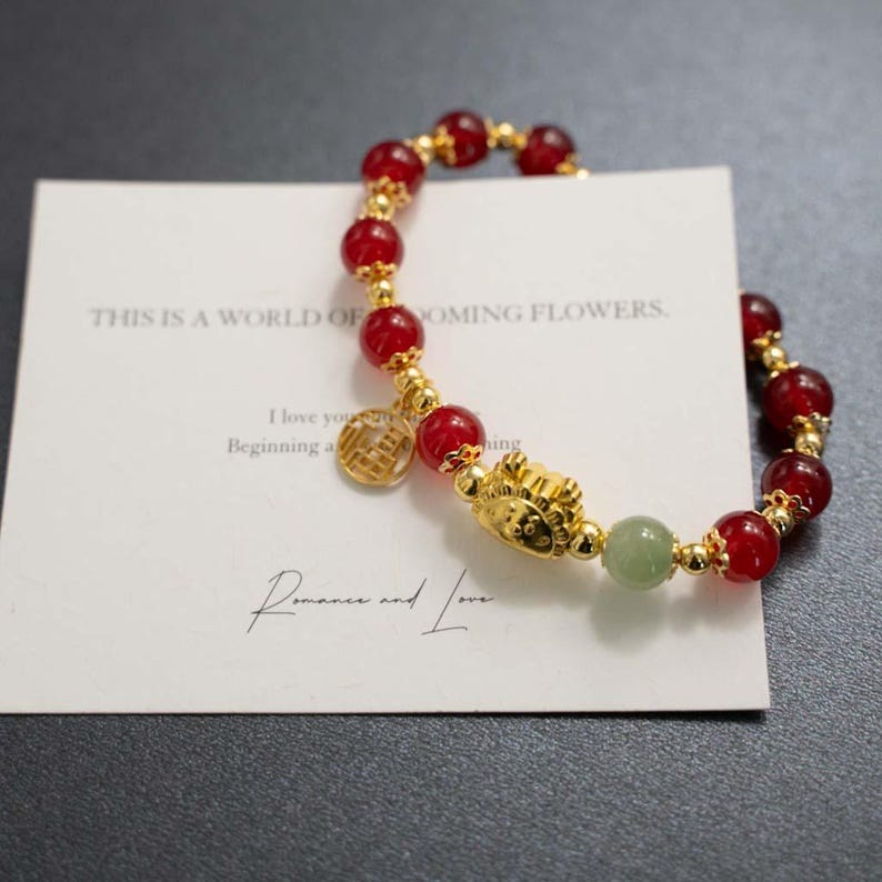 Handmade Red Agate Bracelet with Gold Plated Sheep & Fortune Charm, Chinese Style Jewelry image 5