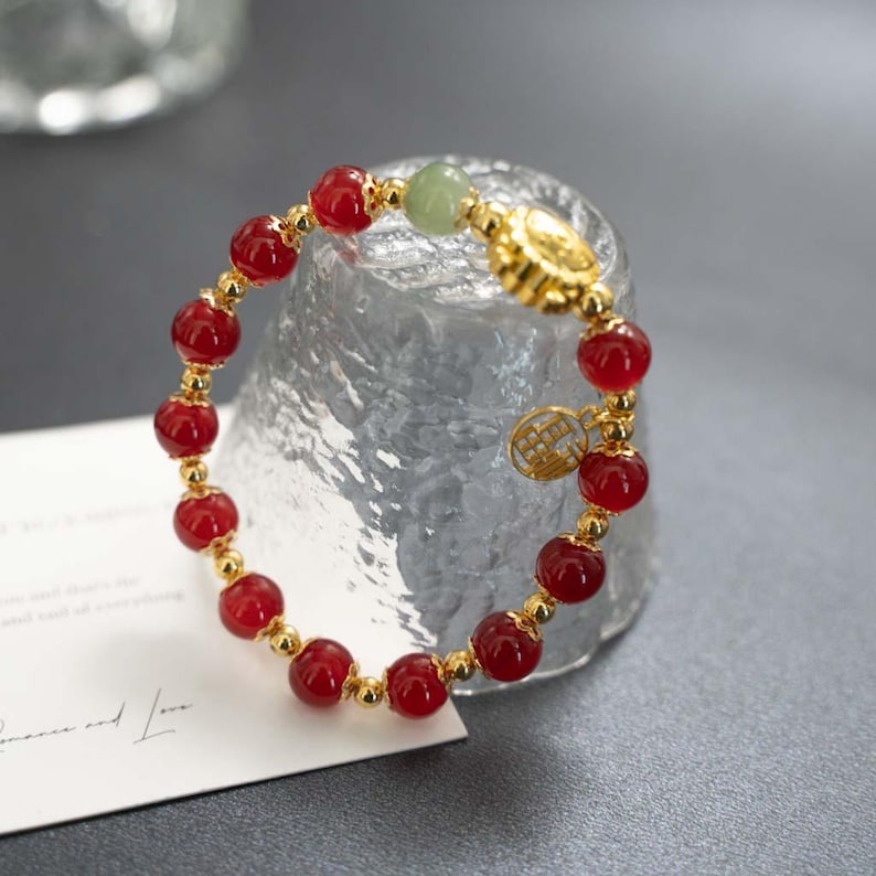 Handmade Red Agate Bracelet with Gold Plated Sheep & Fortune Charm, Chinese Style Jewelry image 3
