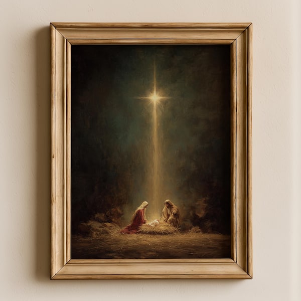 Christmas Nativity Vintage Christian Printable Wall Art, Holy Family Painting, Manger Art, Jesus Nativity Print, Christmas Star of Bethlehem