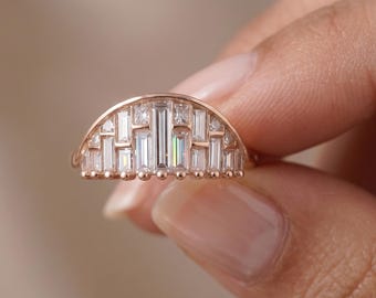 Baguette Diamond Fan Ring | Art Deco Cluster Band, Minimalist Gold Wedding Ring