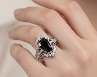 1.70 CT Coffin Cut Black Moissanite Ring with Tiara Wedding Band