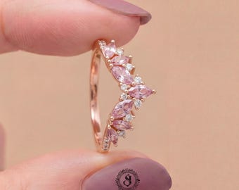 Marquise Pink Sapphire & Moissanite Curved Wedding Band | Floral Cluster Ring