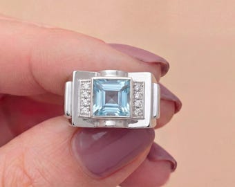 Emerald Cut Blue Topaz Signet Ring with Moissanite Accents – Vintage Style Statement Ring