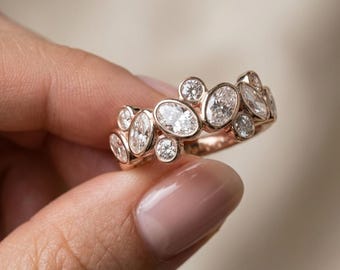 Oval Diamond Bubble Ring | Bezel Set Cluster Band | Modern Stackable Gold Ring