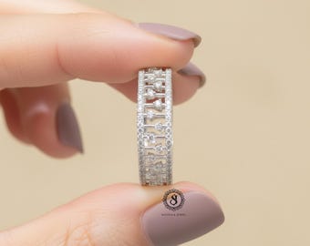 Moissanite Diamond Wide Band Ring | White Gold Geometric Lattice