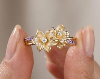 Double Flower Ring | Gold Floral Amethyst Accents, Nature Inspired Stackable Jewelry