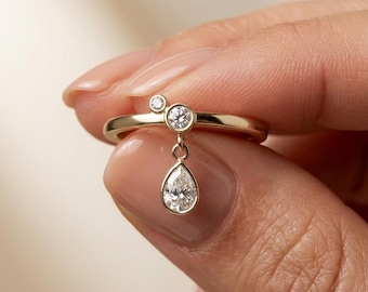 Pear Drop Diamond Dangle Ring | Minimal Floating Charm Fine Jewelry
