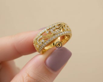 Vintage Filigree Diamond Band Ring | Edwardian Yellow Gold, Pave Setting