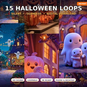 Könnte beinhalten: Eine digitale Sammlung von 15 Halloween-Loops mit animierten Szenen von Geistern, Kürbissen und festlichen nächtlichen Umgebungen. Die Grafiken enthalten Texteinblendungen mit 15 HALLOWEEN LOOPS, SILENT, SEAMLESS, DIGITAL DOWNLOAD, NO SOUND, LOOPABLE, 4K READY und PHONE & DESKTOP.