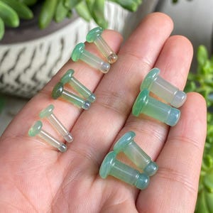Könnte beinhalten: Eine Sammlung von acht hellgrünen, durchscheinenden, zylindrischen Ohr-Plugs mit ausgestellten Enden, die in Paaren unterschiedlicher Größe angeordnet sind. Diese glatten, polierten Accessoires haben einen einheitlichen blassen Minzton und eine glänzende Oberfläche.