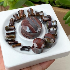 Puede incluir: Una colección de dilatadores y túneles para oreja de piedra ojo de tigre roja y marrón pulida en varios tamaños. Las piezas cilíndricas y lisas presentan patrones naturales con tonos carmesí, marrón tierra y amarillo dorado en todo el conjunto.