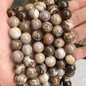 Puede incluir: Un hilo de cuentas esféricas pulidas hechas de madera petrificada, que muestra una variedad de tonos tierra naturales que incluyen matices de marrón, bronceado, crema y gris con patrones de grano de madera distintos y un acabado liso y brillante.
