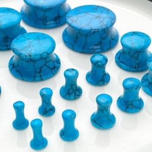 Puede incluir: Una colección de dilatadores de oreja azul brillante con un patrón de matriz oscuro similar a una red. Estas piezas de joyería corporal circular varían en tamaño, con un diseño acampanado y un acabado liso y pulido, dispuestas sobre una superficie blanca.