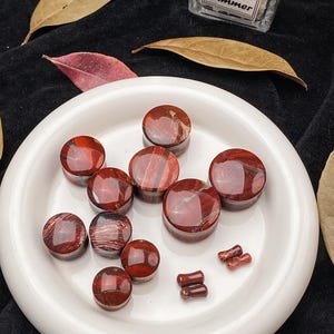 May include: A collection of red and brown stone plugs and tunnels of various sizes, displayed on a white plate. The plugs have a polished, glossy finish, and the tunnels are cylindrical. The image also includes decorative leaves and a small plant.