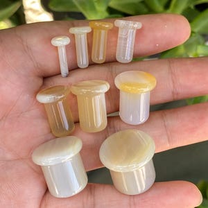 Può includere: Una collezione di nove dilatatori per orecchie cilindrici e lisci di varie dimensioni, realizzati in pietra traslucida con motivi a bande in tonalità crema, beige e giallo pallido. Ogni pezzo presenta una parte superiore piatta e circolare.