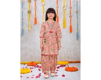 Mädchen rosa Baumwolle Salwar Anzug | Handgestickte Kinder ethnische Kleidung | Festliche Kleidung | Kulturelles Kleid für Mädchen | Hochzeitskleidung: Indianer
