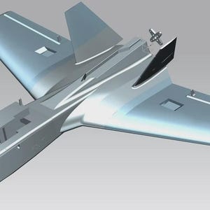 May include: A light gray, unmanned aerial vehicle (UAV) design, featuring a central fuselage, wings, and tail surfaces. The model has open compartments and a detailed structure, suggesting a focus on aerodynamics and functionality. The design is rendered in a 3D style.